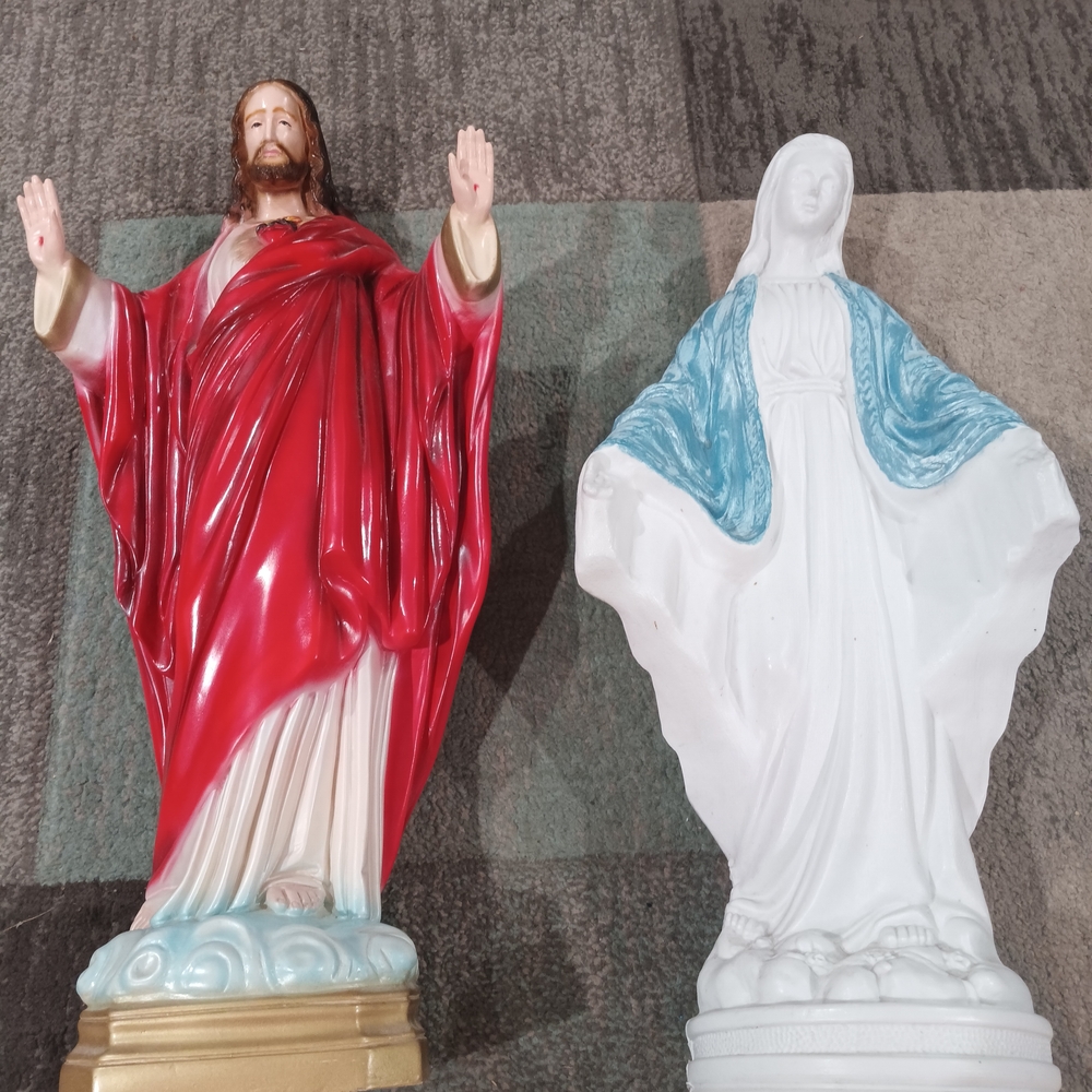 Red and White Jesus Plastic Statue with Blue and White Mary Statue